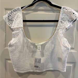 H&M White Smocked Crop Top Flutter Sleeve Eyelet Tank, Size L, NWT